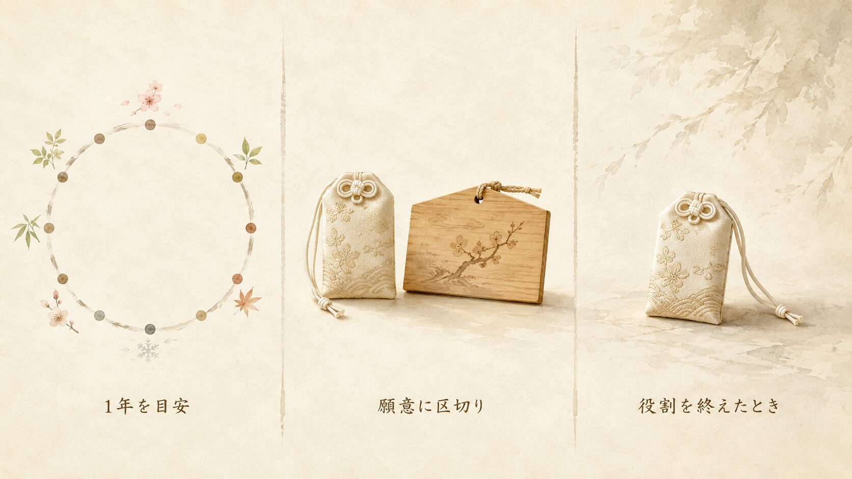 ivory washi 背景に painterly な3列構図、左に1年の月日流れ・中央に願意の節目・右に役割を終えたお守り、返納のタイミング3つを象徴