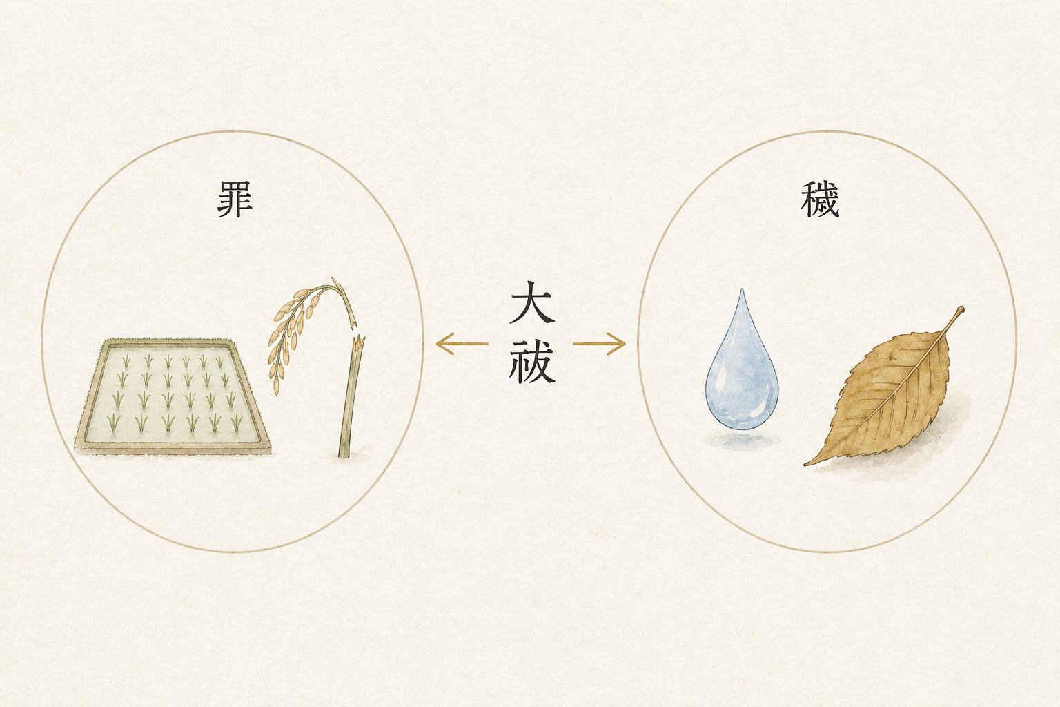 ivory washi 背景に painterly な 2 つの円形領域が左右に並列配置、左：「罪」を象徴する円内に小さな田畑のシルエット 1 つと折れた稲穂 1 つ（共同体の秩序を乱す事柄を象徴）、右：「穢れ」を象徴する円内に水滴 1 滴と落ち葉 1 枚（生理事象としての不浄を象徴）、中央に「→ 大祓 →」の象徴的な縦書き矢印（祓いの儀礼で清められる対象として両者が共通することを示す）。罪と穢れの違いと共通点を象徴