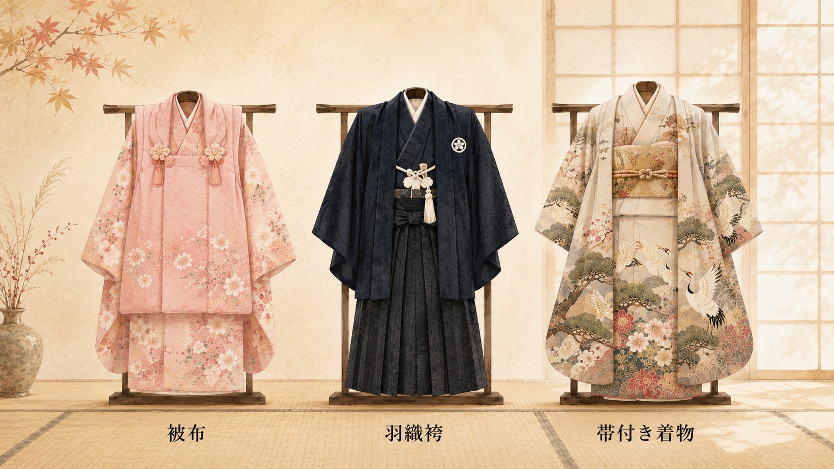 被布・羽織袴・帯付き着物の3種類の七五三装束を painterly に並べた装束図解