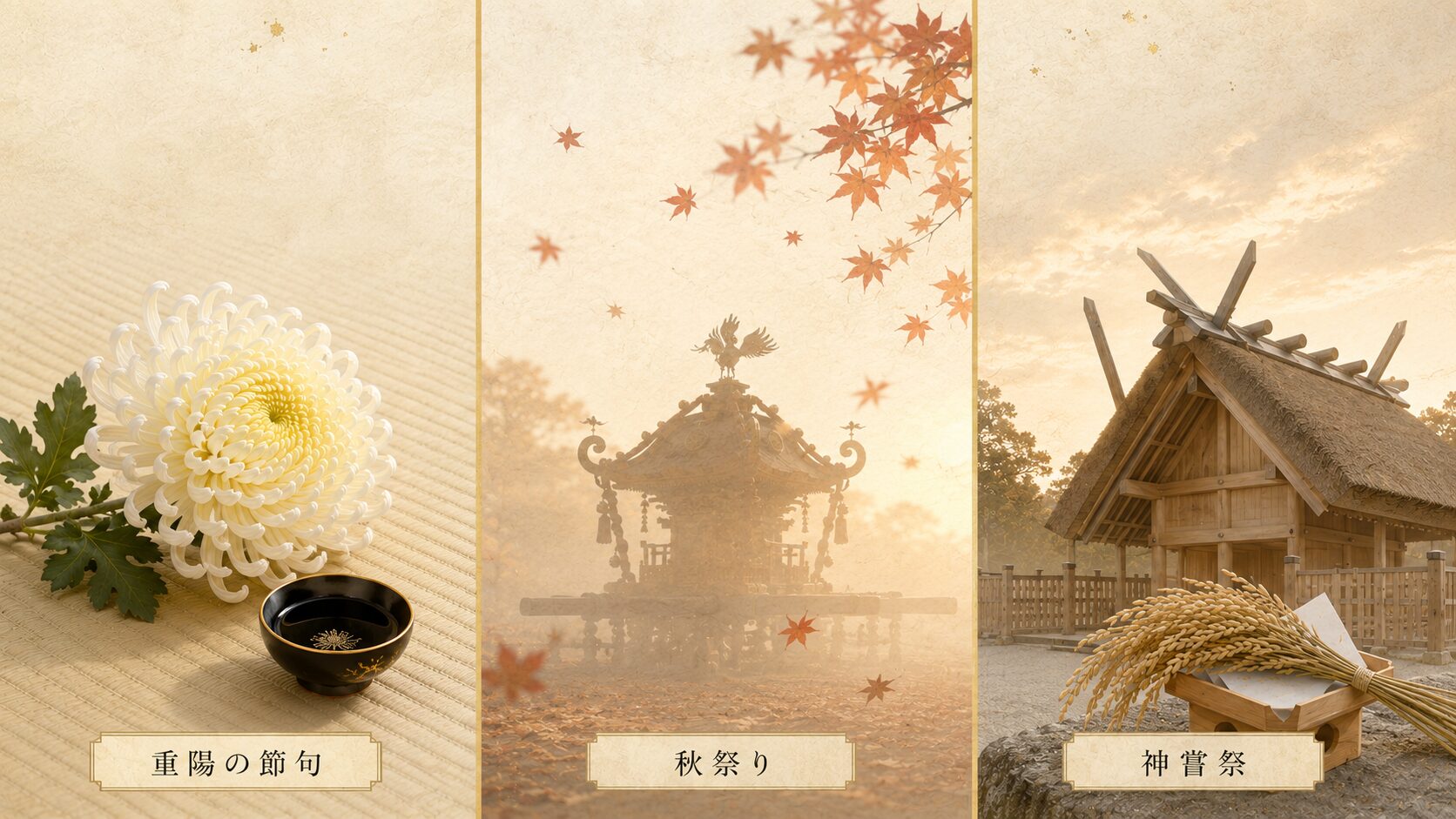 秋の年中行事（重陽・秋祭り・神嘗祭）を象徴的に視覚化した painterly 図解。菊・神輿・伊勢神宮のシンボルを配し、収穫感謝の季節を表現