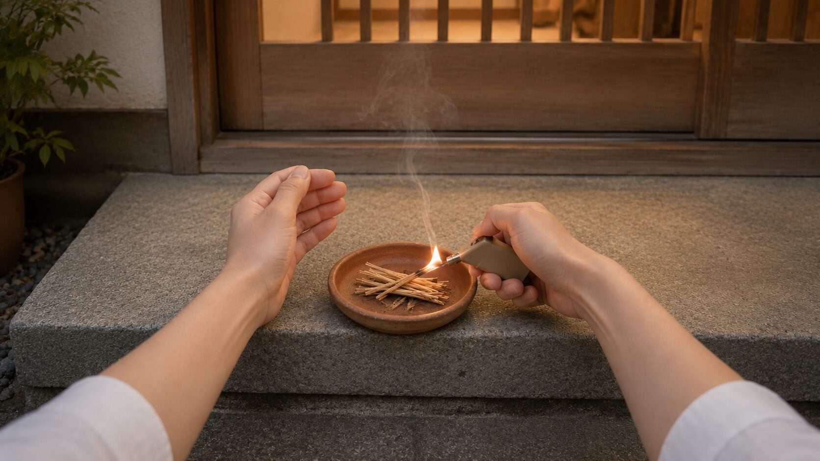 夕暮れの玄関先で、自分視点(両手のみ)で素焼きの小さなほうろく皿に積まれた麻幹(おがら)1 束に小さなライターで火を点ける瞬間の painterly な情景。両手は白い半袖シャツの袖から伸び、肌は自然な色味。手元のほうろく皿から立ち上がる小さな炎と煙、奥にぼんやり玄関の引き戸と石の踏み台が見える。迎え火を焚く現代の家庭の作法を示す画像