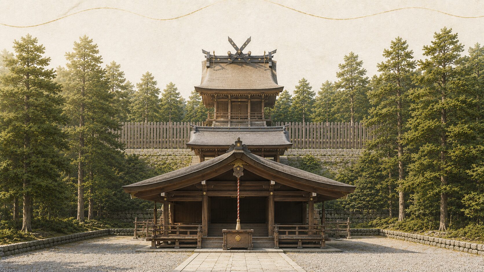 ivory washi 背景に painterly な神社境内の遠景。手前に拝殿、奥に幣殿、最奥に本殿(玉垣囲み・千木鰹木)、両側の鎮守の森。拝殿・幣殿・本殿の三殿構造を象徴