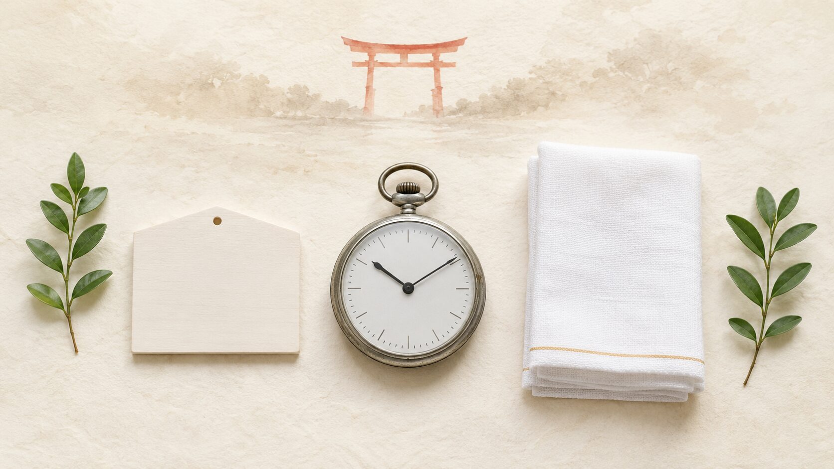 ivory washi 背景に painterly な俯瞰画像。中央に銀色の懐中時計、左に絵馬風の小札、右に白い手ぬぐい、上空に朱色鳥居遠景。参拝の所要時間の目安を象徴