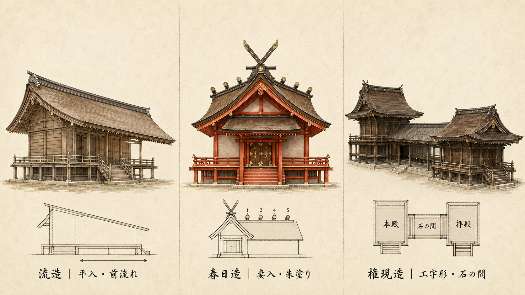 ivory washi 背景に painterly な3列対比構図、左に流造（平入素木）・中央に春日造（妻入朱塗り）・右に権現造（工字形）、神社建築3様式の違いを象徴