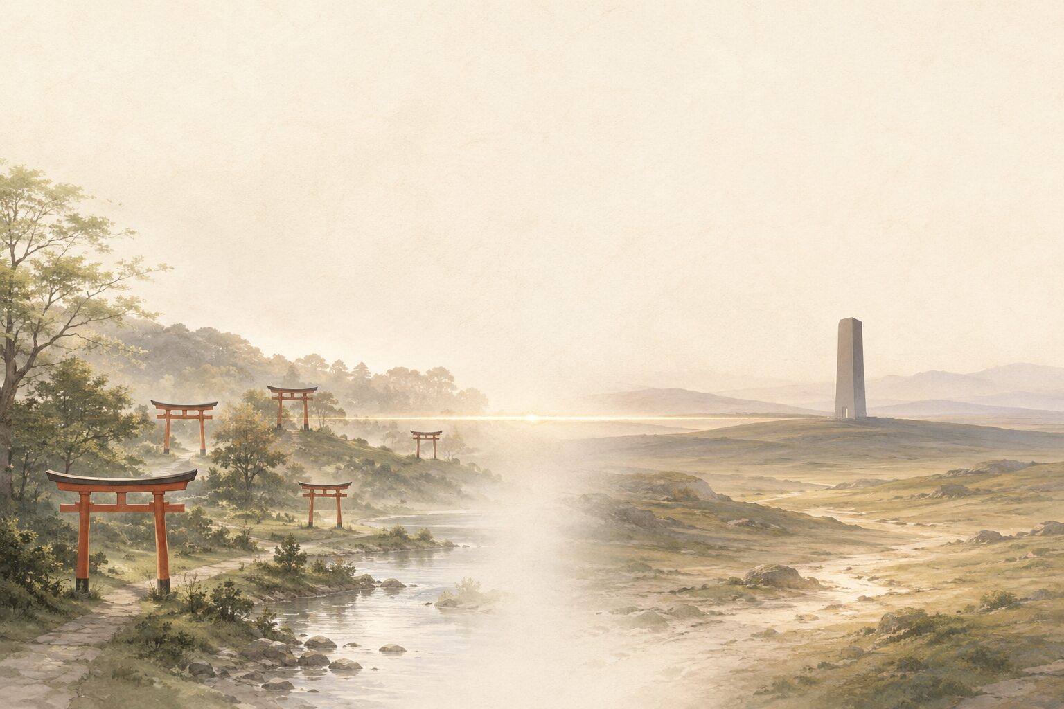 ivory washi 背景に painterly な左側に複数の鳥居（5基ほど）が大小さまざまに点在する日本の風景、右側に 1 棟の抽象的な単一塔シルエット（具体宗教を特定しない）、両者を遠景で並列、空に淡い霞。多神信仰と一神教の構造的違いを象徴