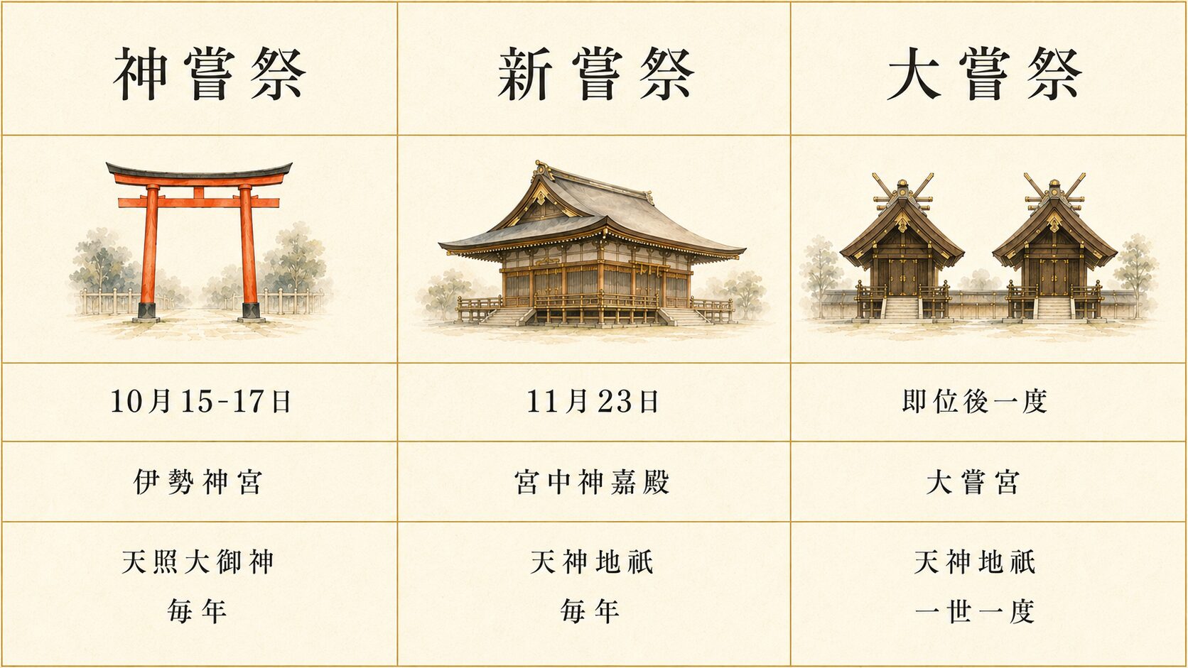 神嘗祭・新嘗祭・大嘗祭を3列に並べ、時期・場所・対象・主祭者・頻度・性格の6項目で対比した比較インフォグラフィック