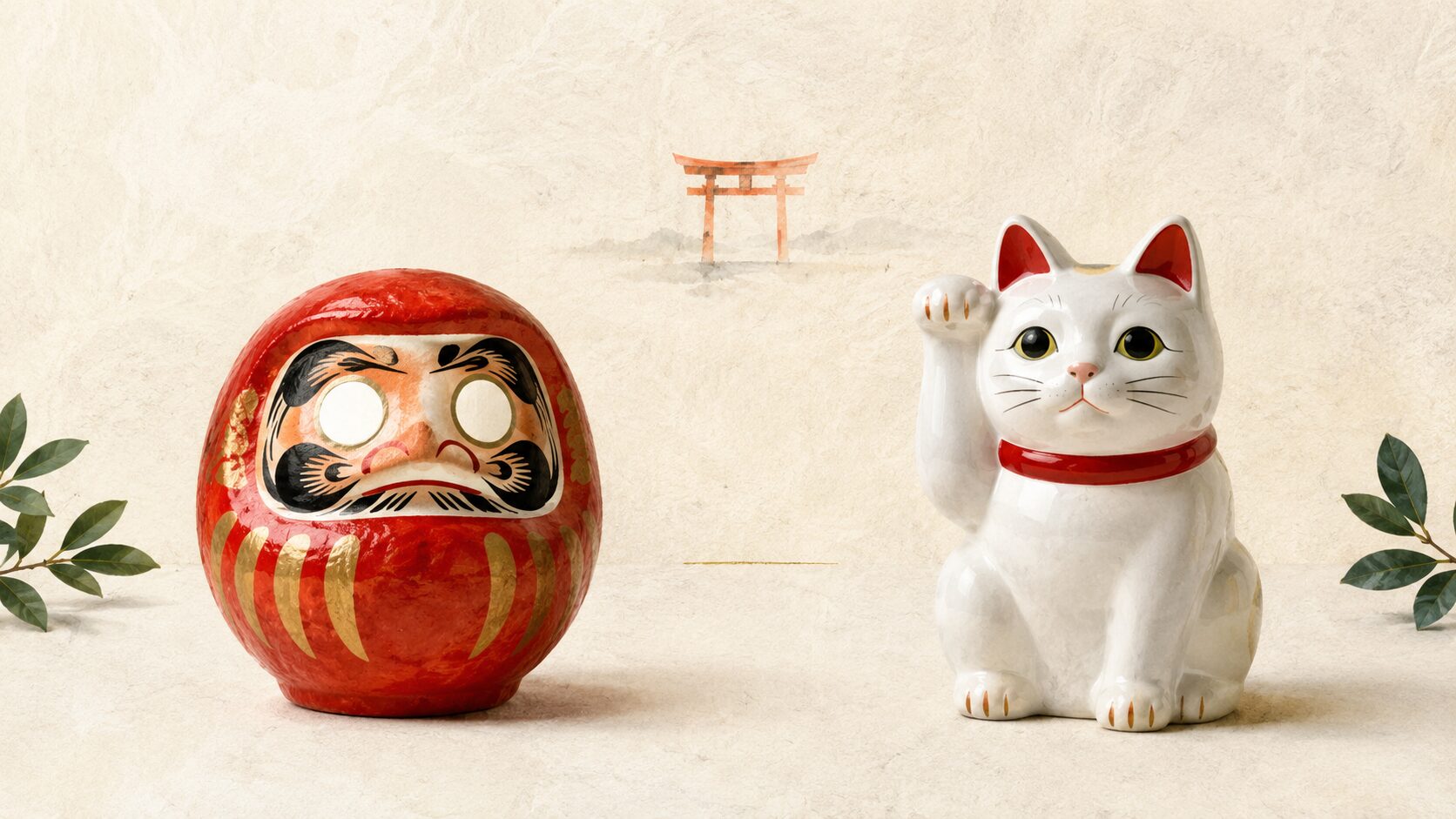 ivory washi 背景に painterly な接写画像。左に赤いだるま(片目も入っていない素朴な造り)、右に白い陶器の招き猫(右手挙げ、赤いリボン)、上空に朱色鳥居遠景。寺院・郷土玩具由来も含む縁起物を象徴