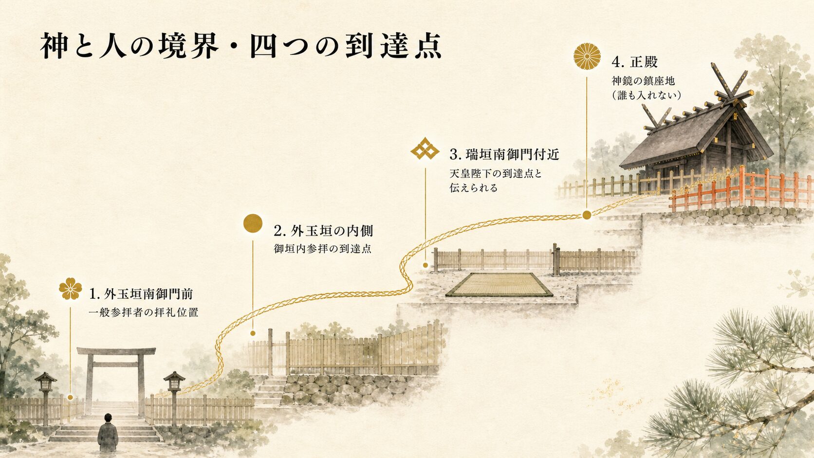 「神」「正殿」「瑞垣南御門（天皇の到達点）」「外玉垣南御門（一般参拝者の到達点）」を階段状に並べ、各位置のラベルと到達者を示した painterly hierarchy diagram