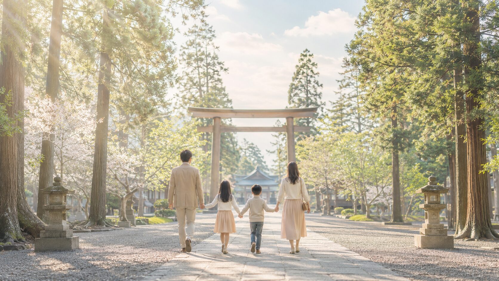 家族で神社の参道を歩く後ろ姿の遠景。父・母・子ども2人が手をつないで奥の鳥居に向かう painterly 構図で、家族で整えて参拝する場面を象徴