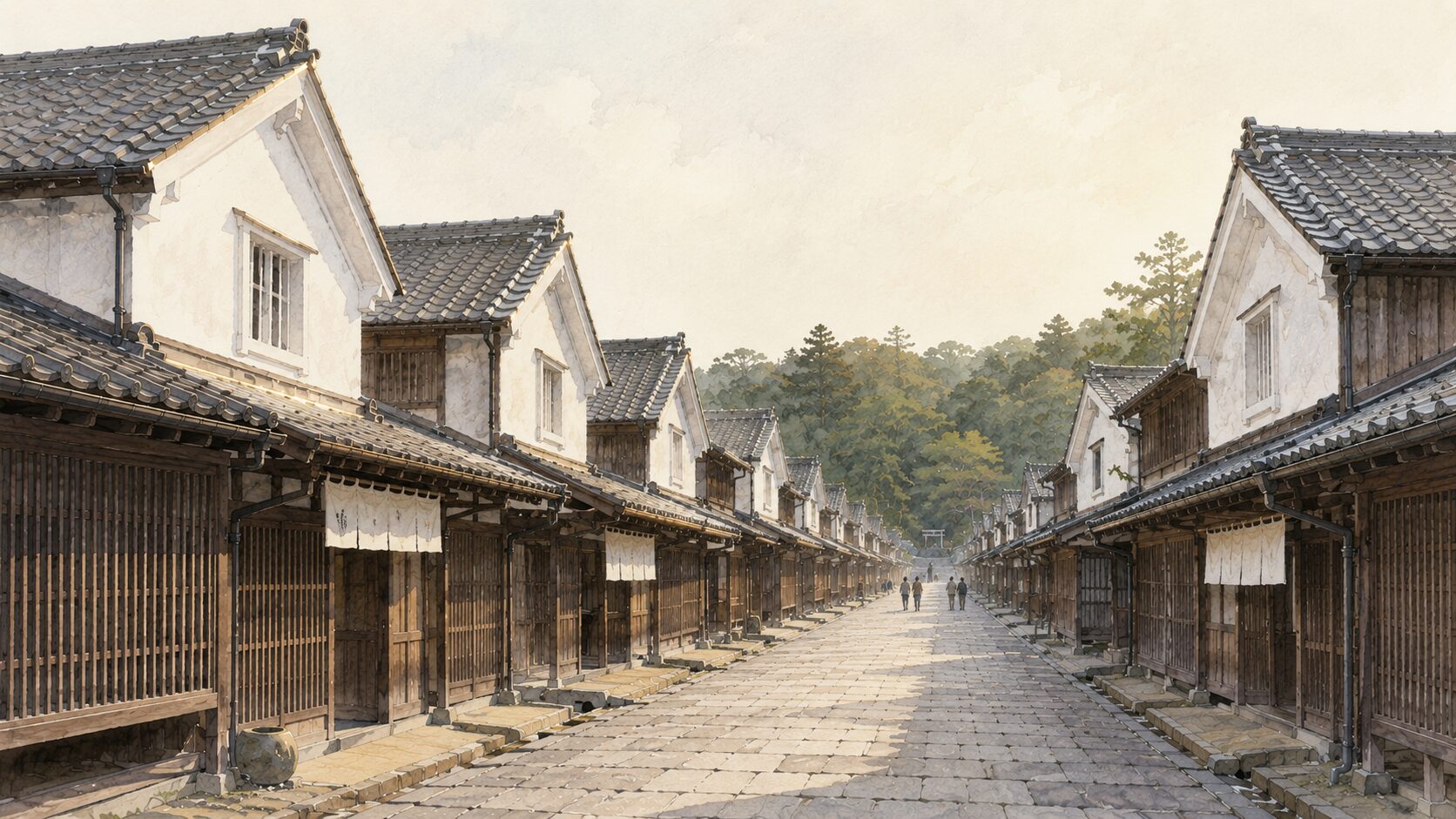ivory washi 背景に painterly な伊勢おはらい町風の町並み遠景。手前から奥への石畳通り、両側に妻入りの町家が連なり、白壁と木格子、軒先の暖簾。代表的な鳥居前町の町並みを象徴