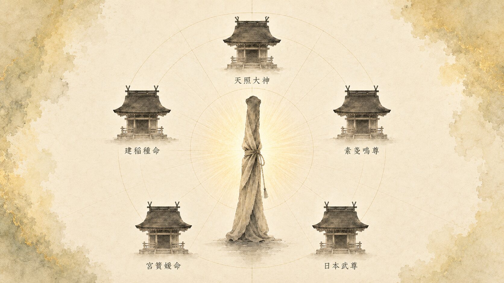 ivory washi 背景に painterly な布で包まれた直刀を中央に配し、その周囲に5つの社のシルエットを同心円状に配置、それぞれに五神の名が薄い墨書きで示された構図、熱田大神と五神さまの配置を象徴