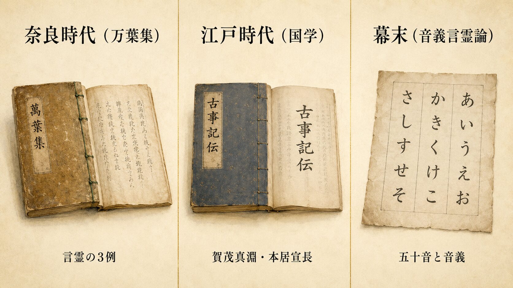 1920×1080 を3列に等分し、左列「奈良時代の万葉集」中央列「江戸時代の国学書」右列「幕末の五十音図」の painterly な象徴静物が3点並ぶ歴史展開インフォグラフィック