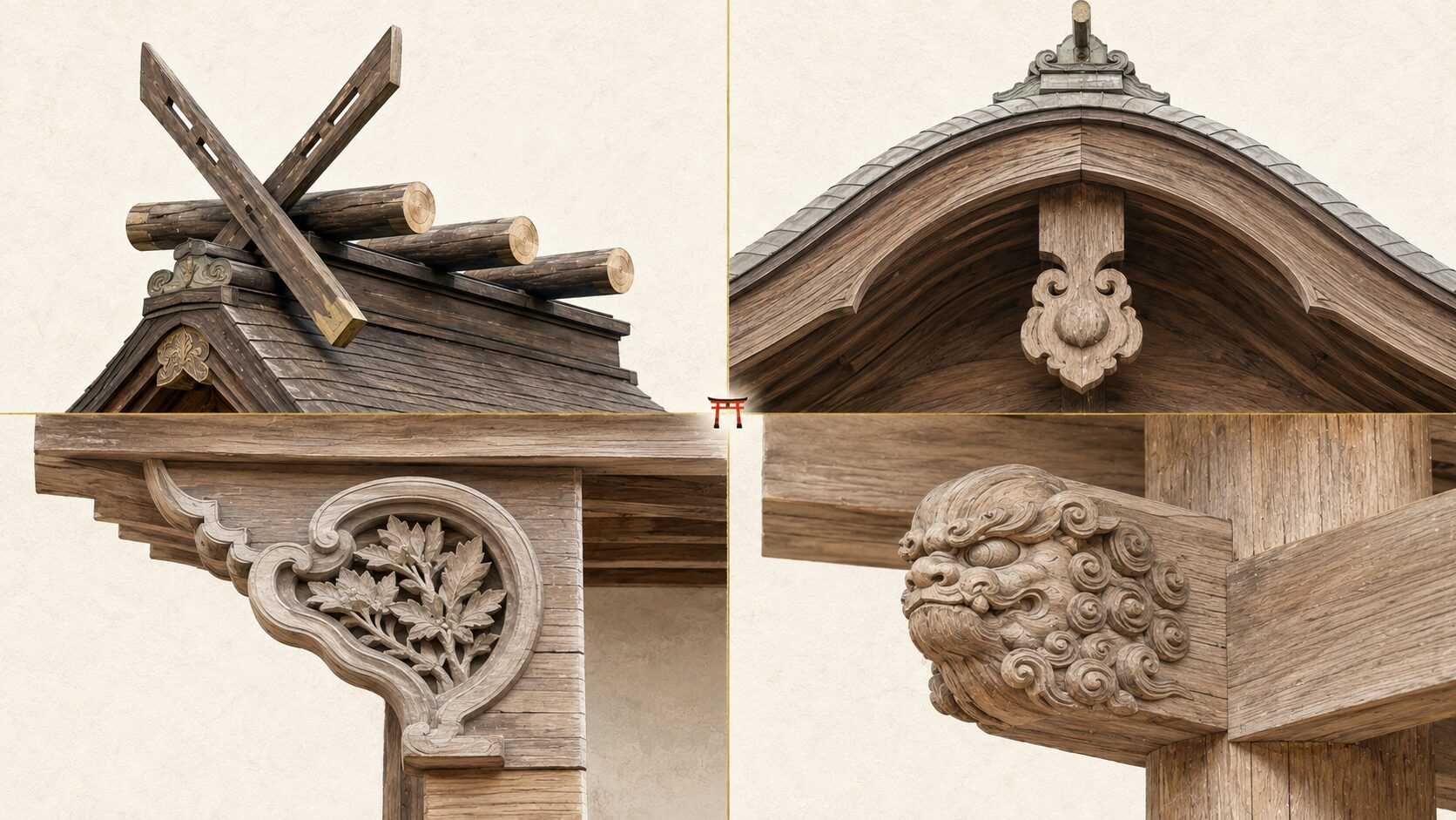 ivory washi 背景に painterly な 2x2 の 4 領域図解。千木鰹木・破風懸魚・蟇股・木鼻の意匠装飾を接写、中央に朱色鳥居遠景。神社建築の意匠装飾 4 種を象徴