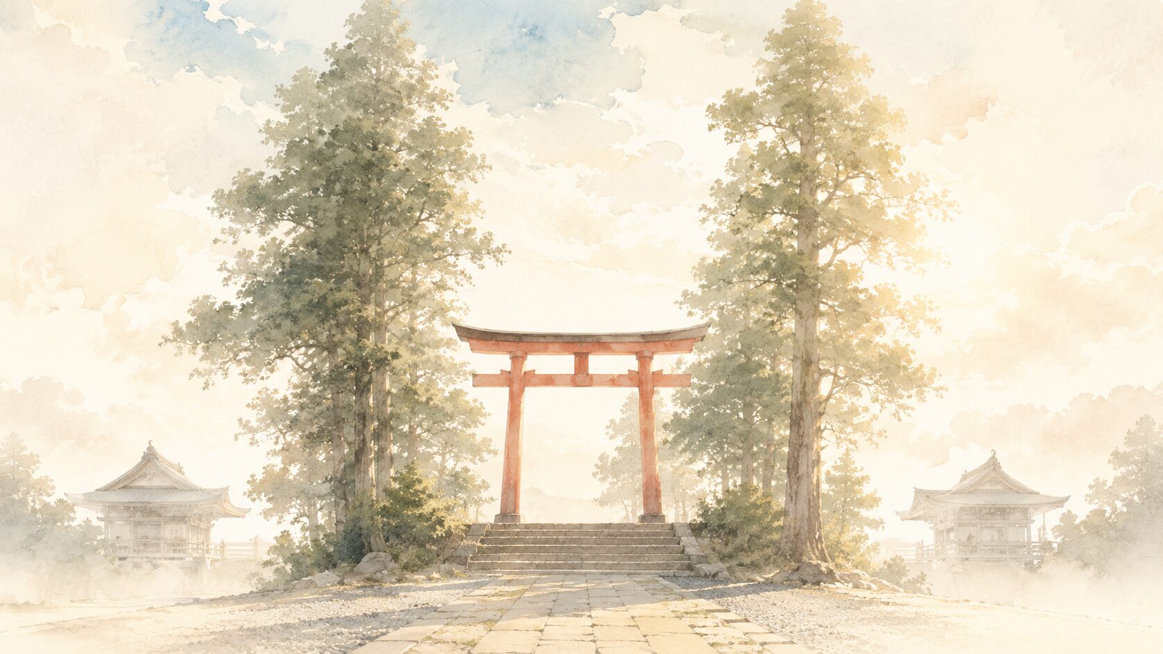 中央に鳥居、左右に小さな神社の屋根のシルエットを配した painterly 静物図解。お宮参りで神社を選ぶ場面を象徴