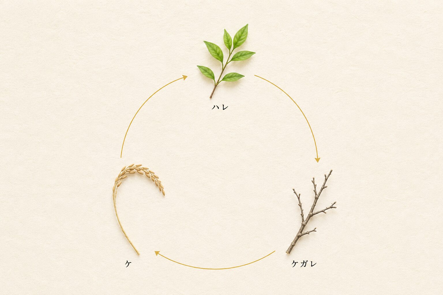 ivory washi 背景に painterly な円環状の循環図、円周上に 3 つの節点が等間隔で配置（上：青葉の小枝＝ハレ＝祭り、右下：枯れ枝の小枝＝ケガレ＝枯渇、左下：実りの稲穂＝ケ＝日常）、各節点を細い金線の矢印で時計回りに結ぶ。ハレとケの循環のなかで穢れを捉え直す気枯れ説の発想を象徴