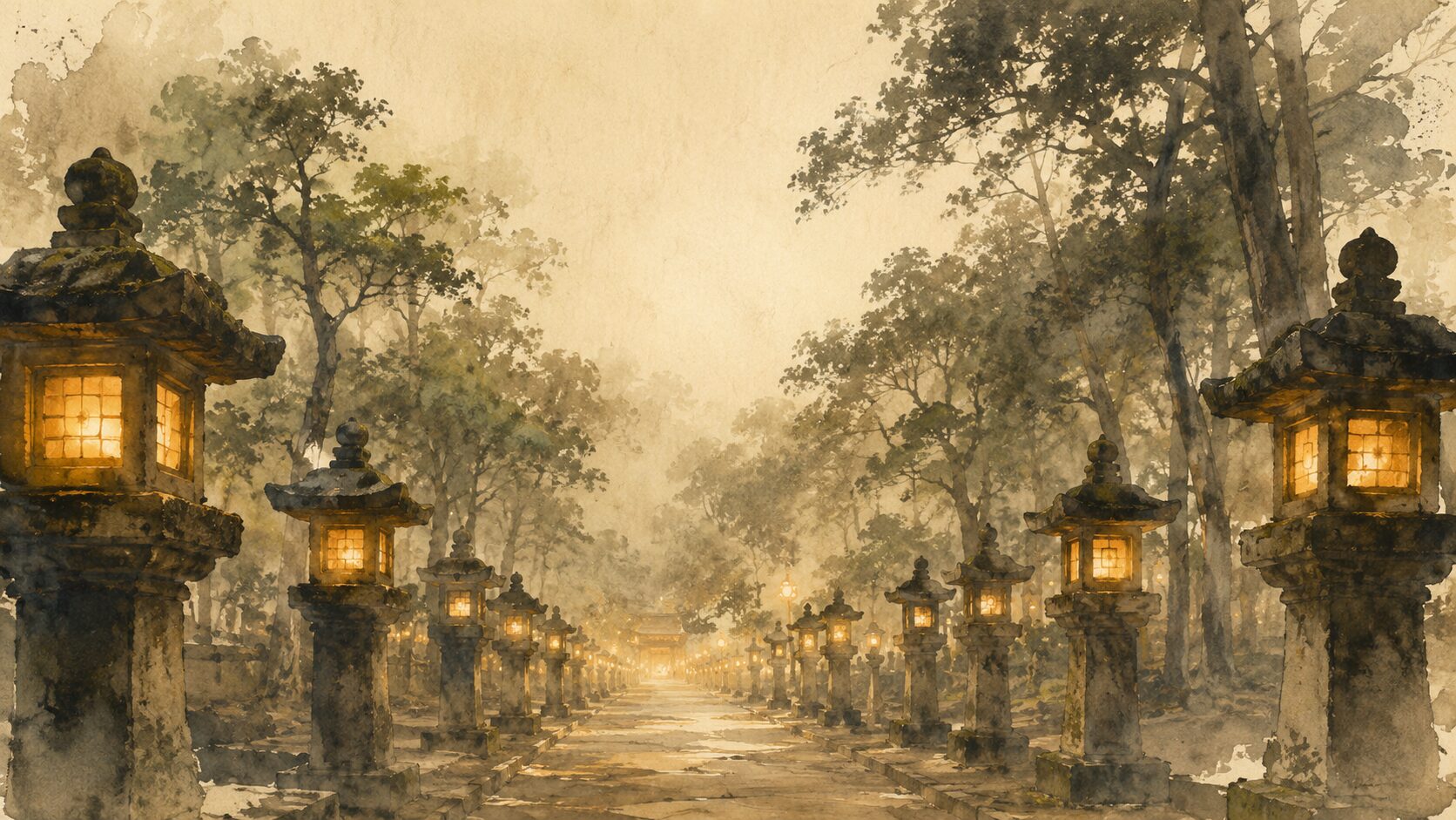 ivory washi 背景に painterly な春日大社の参道、石燈籠が連なり painterly な火が灯される夜の光景、万燈籠の幻想的な美しさと約3000基の燈籠の歴史を象徴