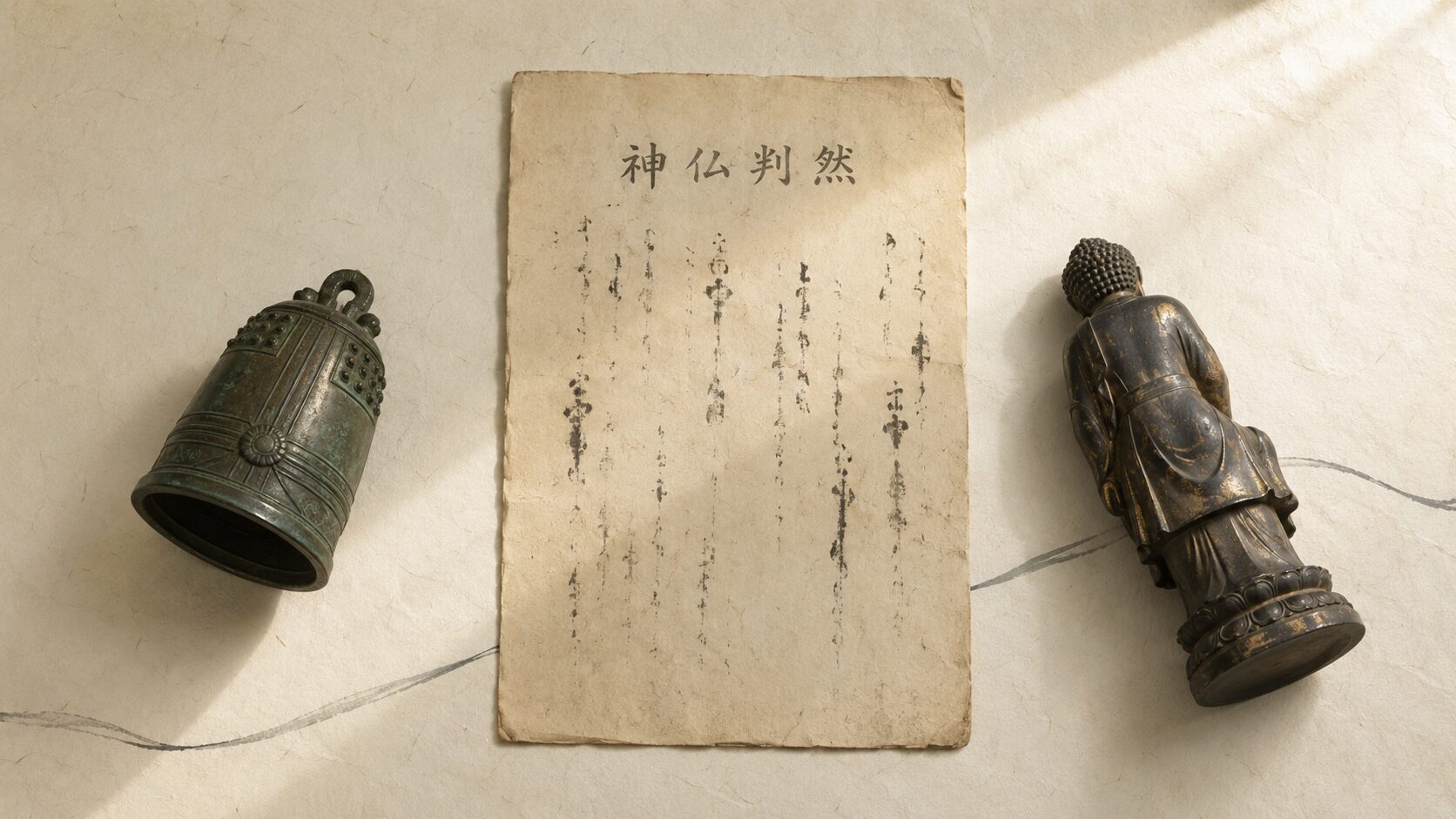 ivory washi 背景に painterly な明治期の公文書、取り外された梵鐘、倒れた仏像が俯瞰で並ぶ画像。明治元年の神仏判然令と各地の廃仏毀釈の実態を象徴