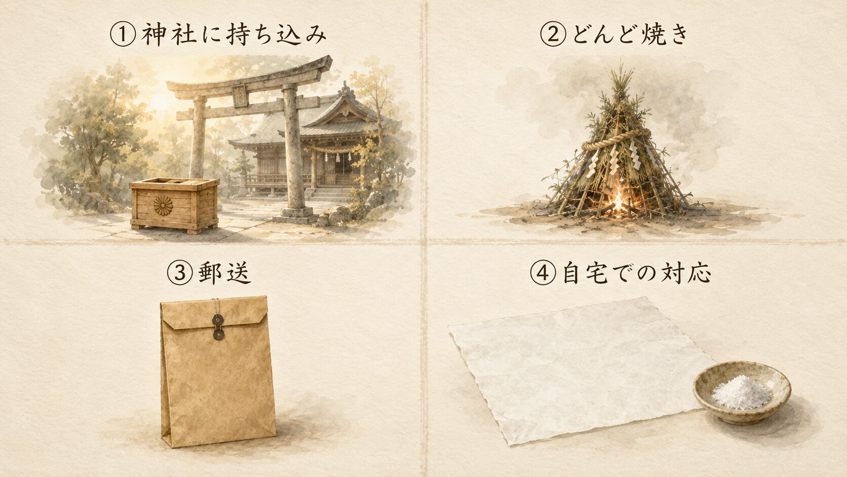 ivory washi 背景に painterly な 2×2 グリッドの4パターン構図、①神社持ち込み(鳥居と古札納所)②どんど焼き(焚き火台)③郵送(封筒)④自宅対応(半紙と塩)、返納方法4パターンを象徴