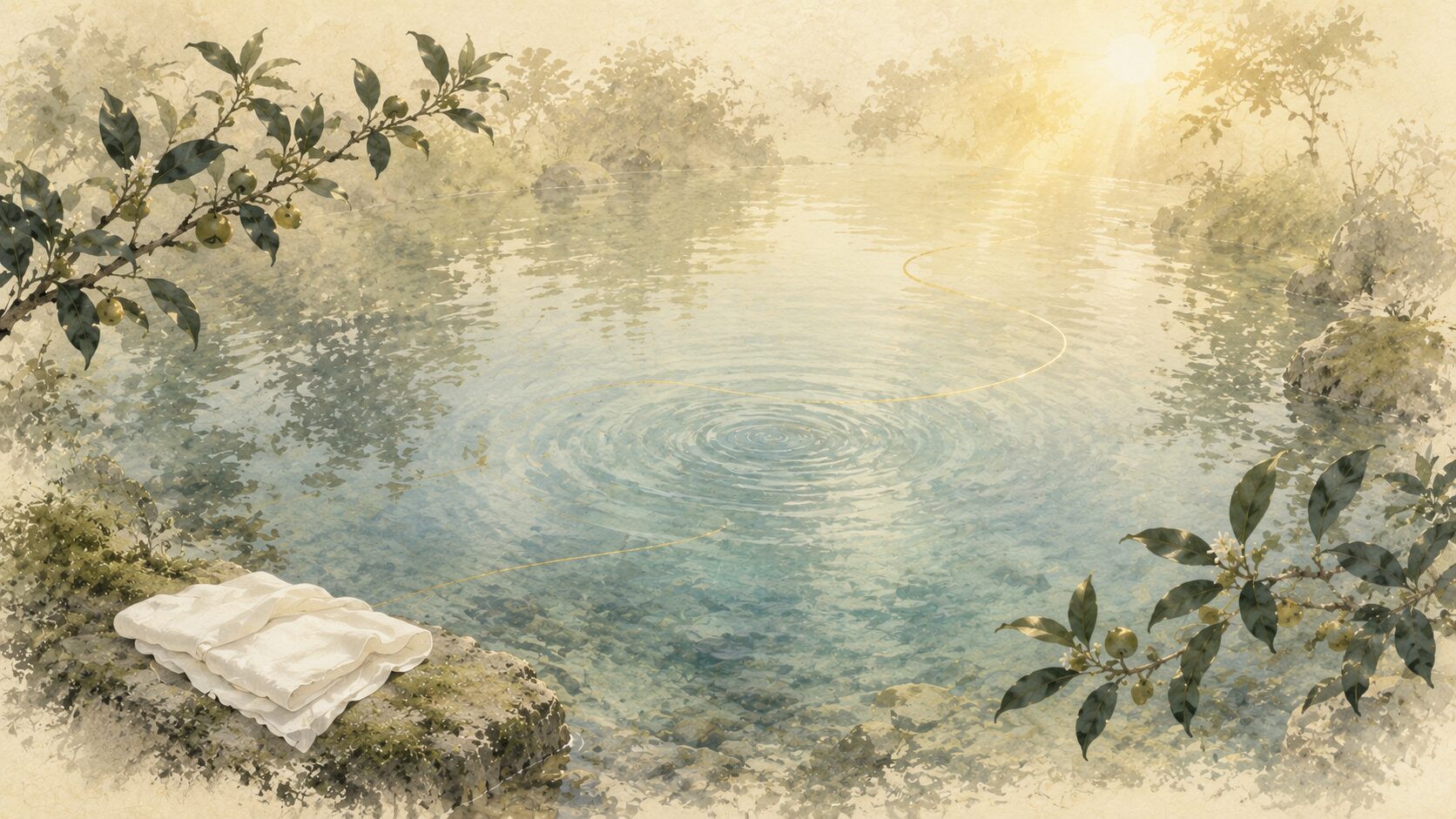 ivory washi 背景に painterly な清らかな水辺(みそぎ池風)が中央に広がり、周囲に常緑樹と白い布が静かに描かれた構図、阿波岐原での禊を象徴