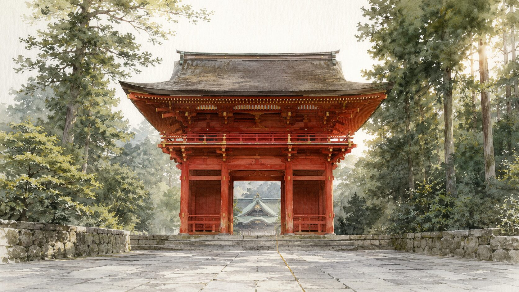 ivory washi 背景に painterly な神社境内の遠景。中央に朱塗りの楼門、奥に拝殿の屋根、両側の鎮守の森、手前の石畳参道。宮号を称する神社の世界観を象徴
