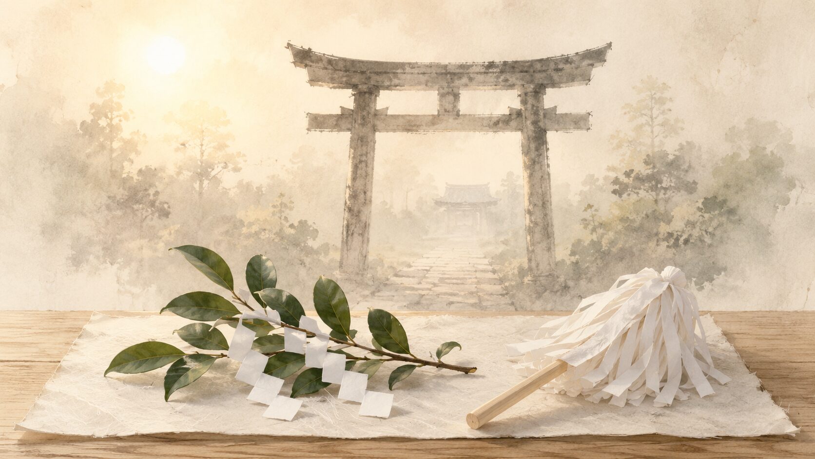 painterly な神社の鳥居前の静謐な構図と、白い和紙の上に佇む榊(さかき)、節目を整える心構えを象徴
