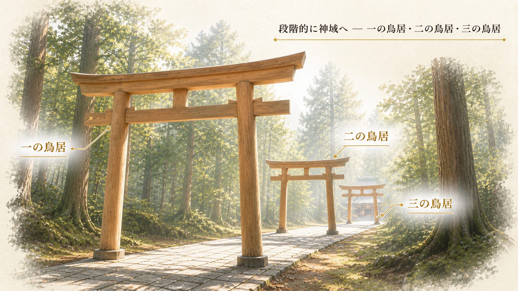 参道を斜め前から見た構図で、手前から奥に向かって一の鳥居・二の鳥居・三の鳥居が段階的に並ぶ風景。神域に近づくにつれて意識が整う空間構成を視覚化