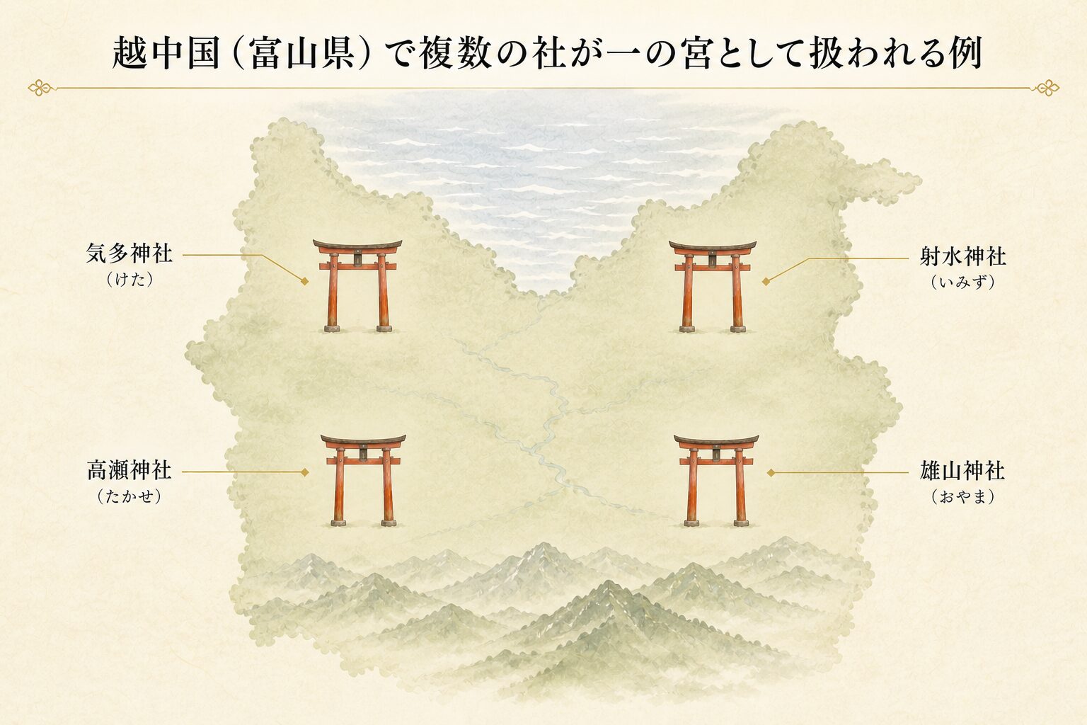 越中国（富山県）に4社の一の宮（気多神社・高瀬神社・射水神社・雄山神社）が並立する様子を、地図シルエットの上に4つの鳥居シンボルで視覚化した概念図