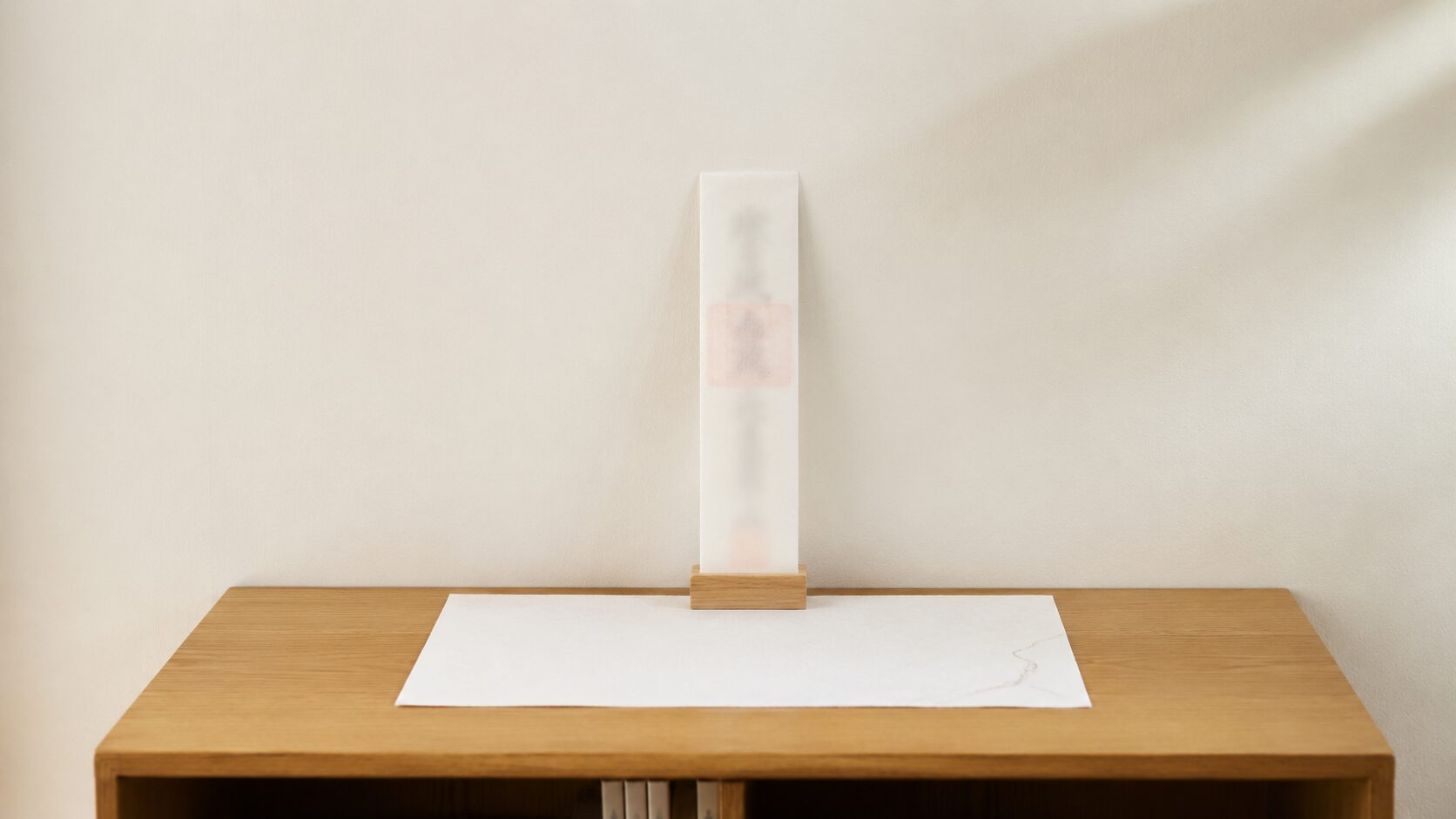 ivory washi 背景に painterly な書棚（または家具）の天板に白い半紙が敷かれ、その上に神札1枚が立てかけられた静物、天板は清浄に整えられている、現代住居で神棚を持たずに神札のみ祀る方法を象徴