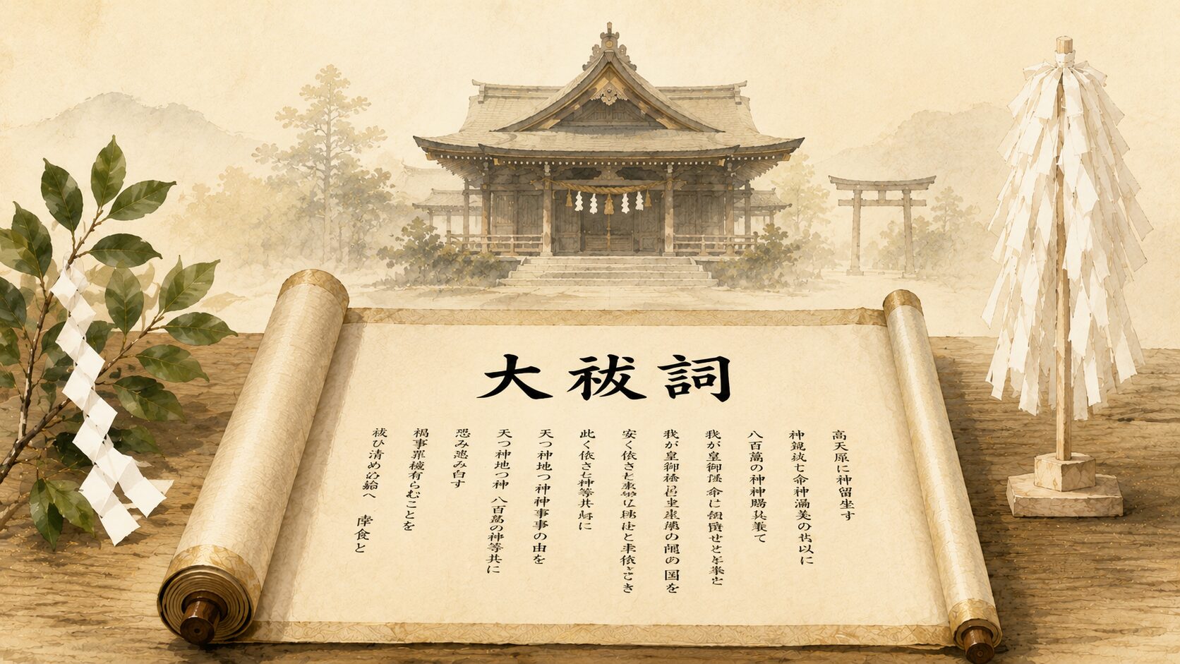 painterly な巻物に書かれた大祓詞の象徴と、神社の拝殿で奏上される神事の静謐な構図