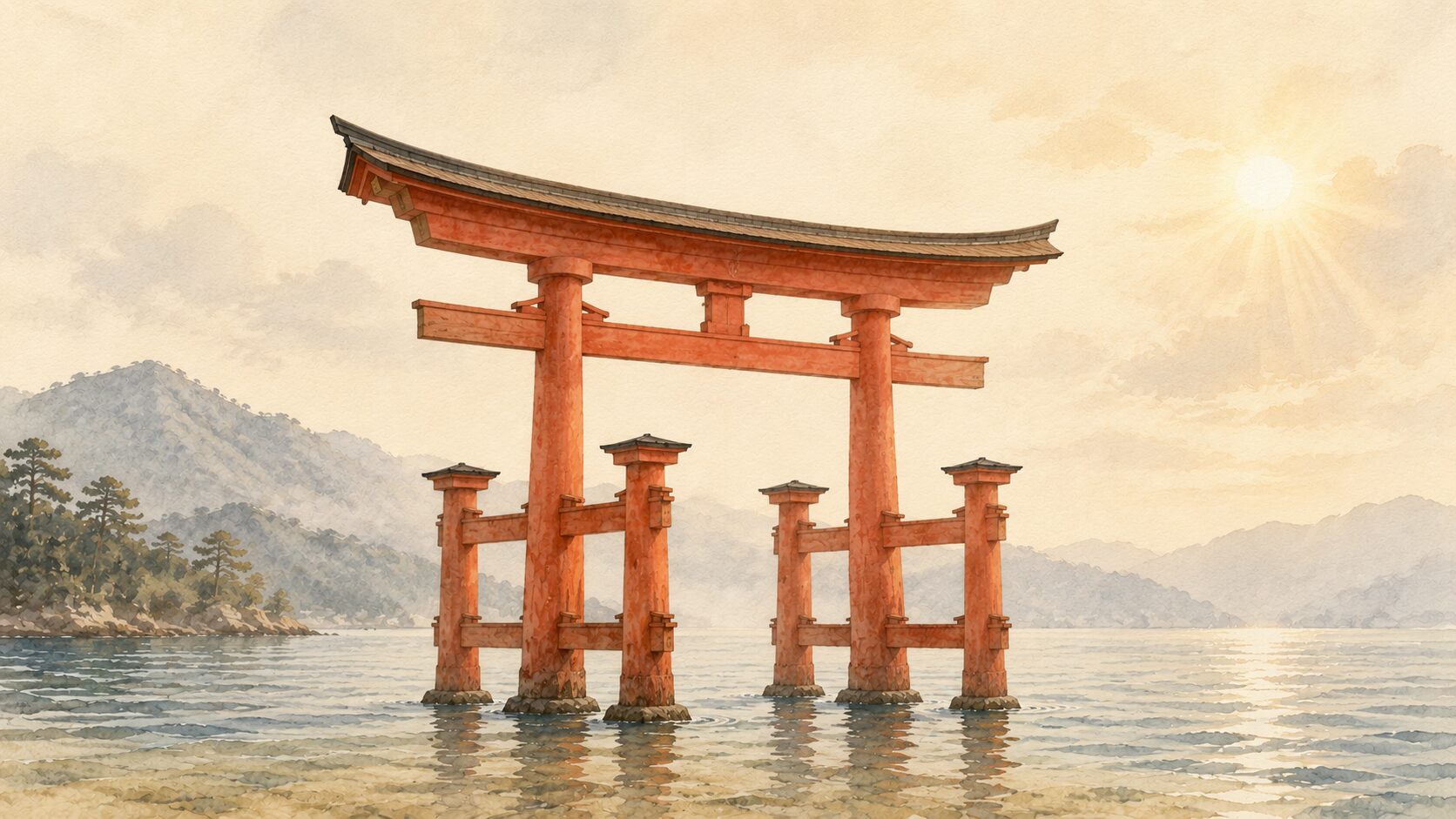ivory washi 背景に painterly な朱塗りの大鳥居(両部鳥居・四脚鳥居)の正面構造図、主柱2本と袖柱4本、箱状の笠木と島木、海面と海底の砂、両部鳥居の構造を象徴