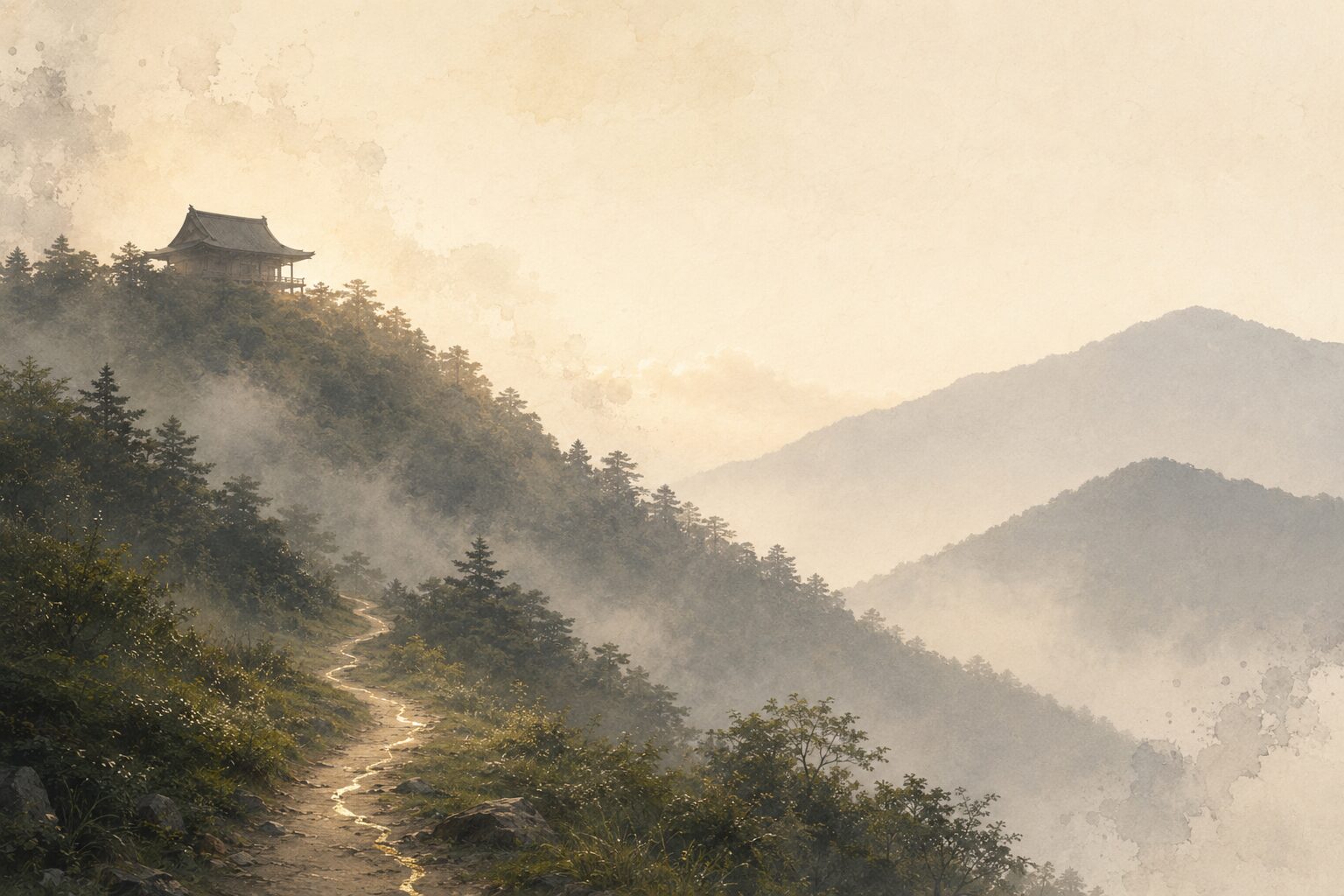ivory washi 背景に painterly な観音霊場の山稜遠景、画面左奥に1棟の山寺の本堂シルエット、画面右に2層の山稜のシルエット、手前下に1本の細い山道、空に淡い霞。西国三十三所のような本格的な巡礼路の象徴