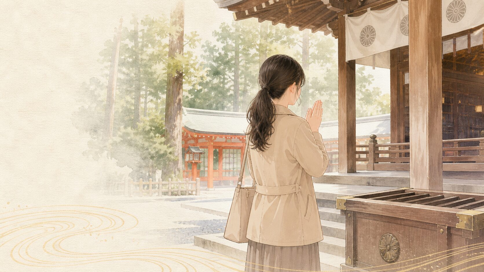 現代の神社で後ろ姿の参拝者が拝殿前で拍手をしている様子、戦後の参拝作法の定着を象徴