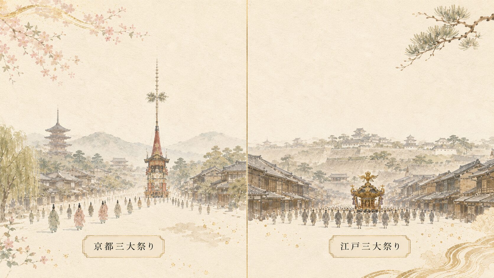 京都三大祭りと江戸三大祭りを2パネルで対比視覚化した painterly 図解。京都の祭礼景観と江戸の天下祭の街並み