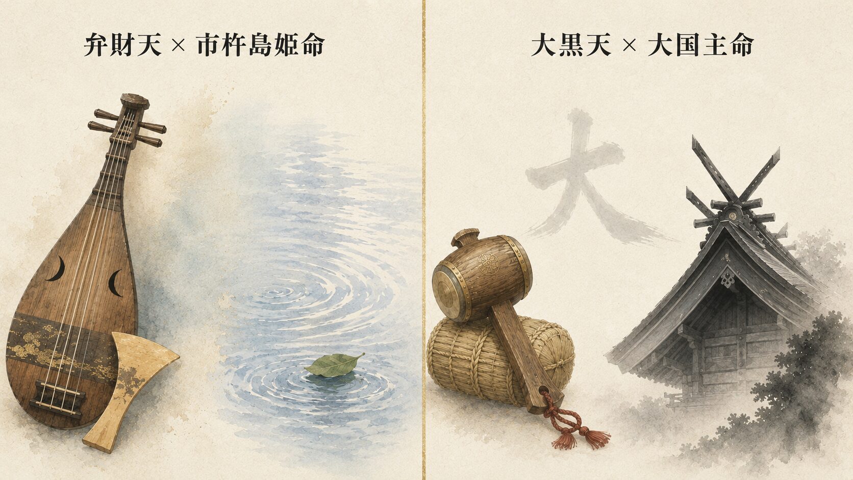 弁財天と市杵島姫命、大黒天と大国主命の同一視を象徴する painterly な対比図。神仏習合の交差点を表現