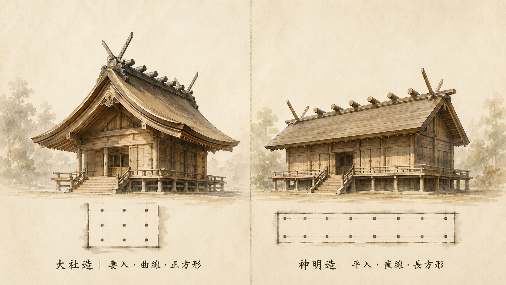 ivory washi 背景に painterly な大社造(左・妻入・曲線・正方形)と神明造(右・平入・直線・長方形)の対比構図、神社建築の代表的2様式の違いを象徴