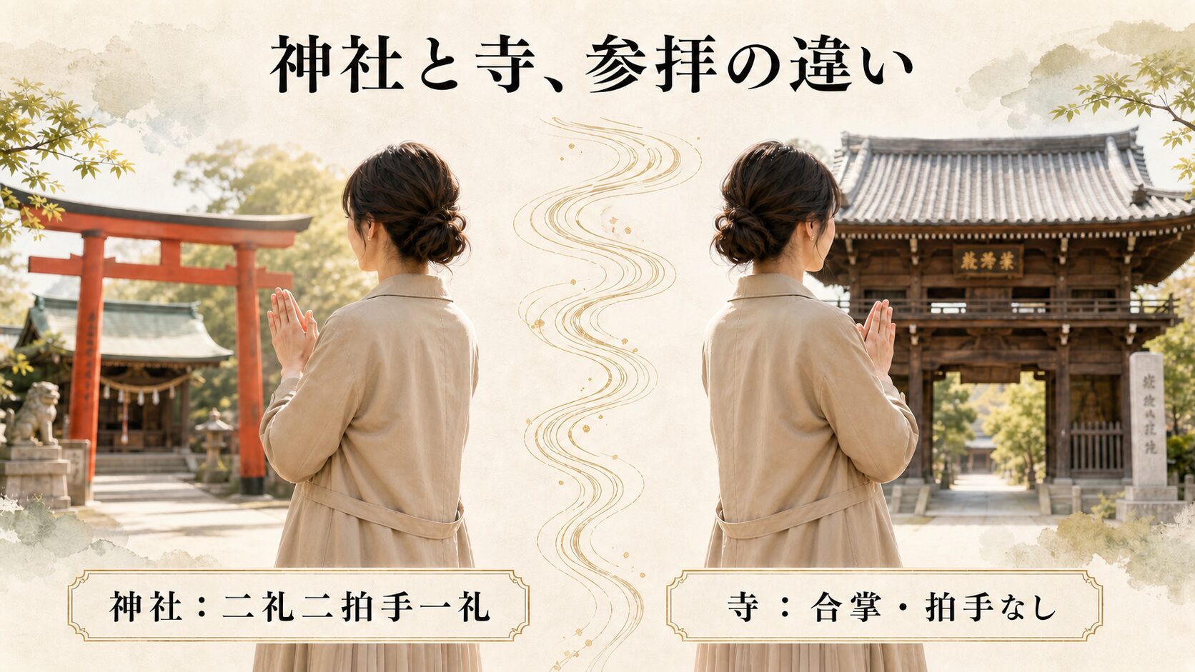 神社と寺の参拝の違いを2列で示す対比インフォグラフィック。左に神社で拍手する後ろ姿の参拝者、右に寺で合掌する同じ参拝者、流水紋の細線が両列を分ける