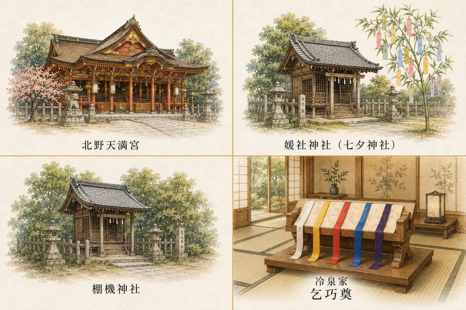 ivory washi 背景に painterly な 4 領域分割の風景画、左上：北野天満宮の朱塗りの社殿シルエット + 小さな日本語ラベル「北野天満宮」、右上：媛社神社の小さな社殿シルエット + 小さな日本語ラベル「媛社神社（七夕神社）」、左下：奈良の棚機神社の小祠シルエット + 小さな日本語ラベル「棚機神社」、右下：冷泉家の邸宅の屋根と五色の糸を吊るす祭壇シルエット + 小さな日本語ラベル「冷泉家 乞巧奠」、中央に細い金の十字線で 4 領域に分割。神社と公家の七夕の伝統を象徴