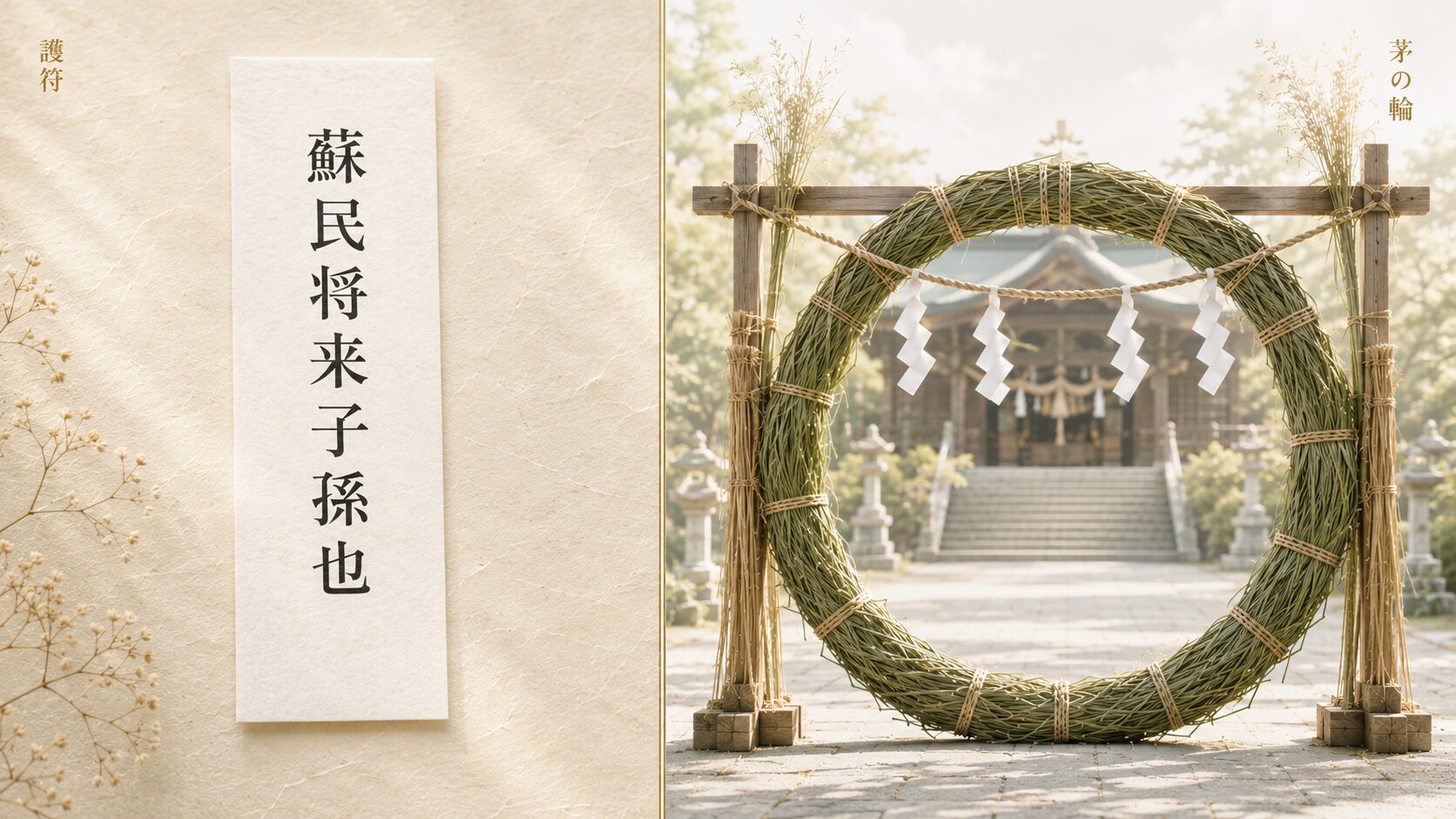 蘇民将来の信仰を象徴する painterly な構図。左に「蘇民将来子孫也」護符、右に神社境内の茅の輪（茅で編まれた大きな輪）を配し、疫病除け信仰の文化を視覚化