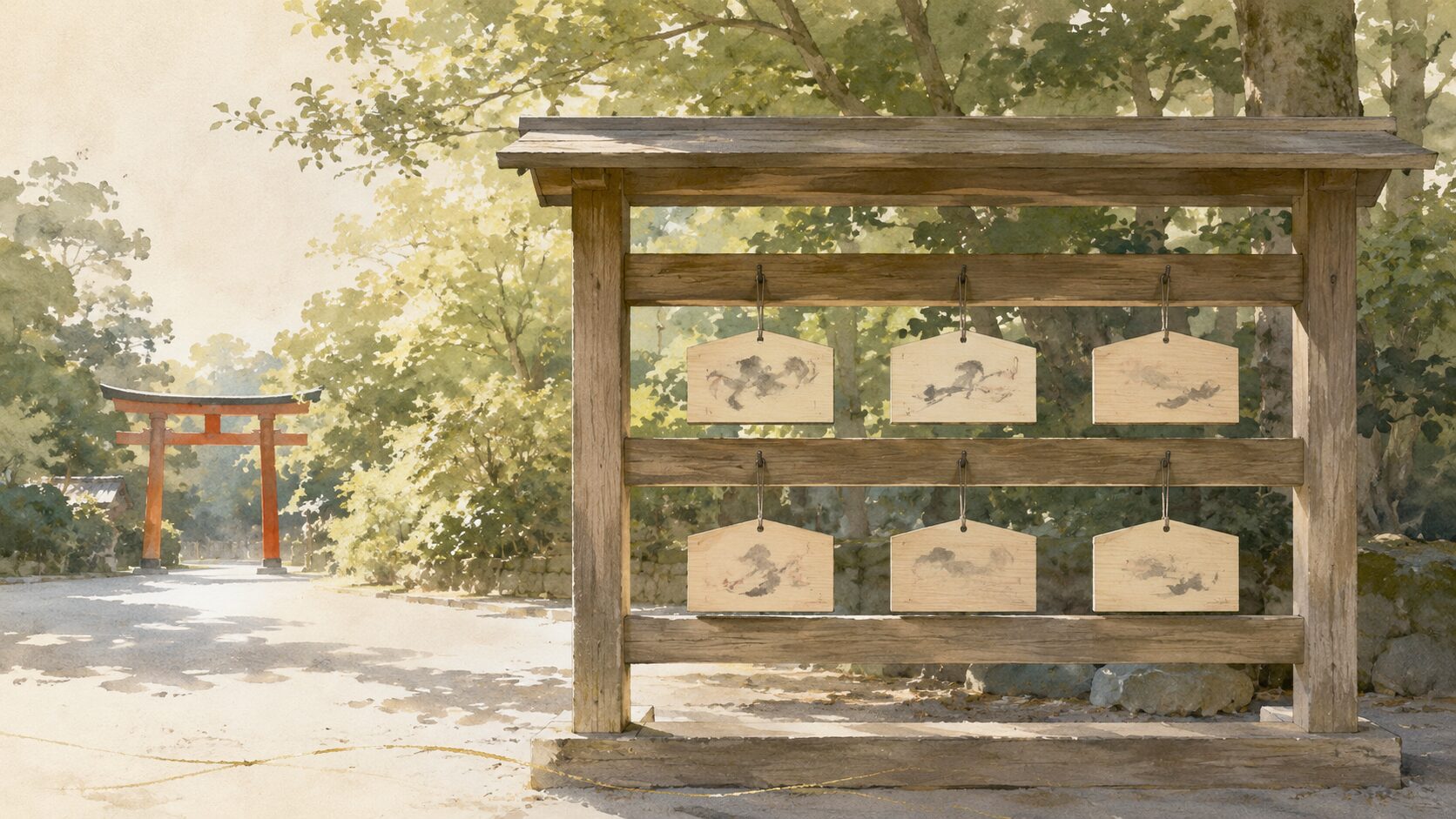 ivory washi 背景に painterly な絵馬掛けの遠景。木製の格子に小さな絵馬が複数枚、左に朱色鳥居遠景、両側に常緑広葉樹。具体的な願い事と自分への公約の文化を象徴