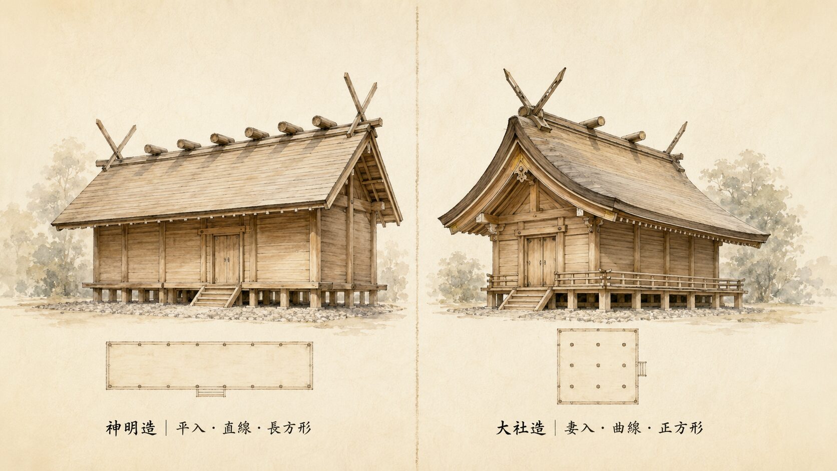 ivory washi 背景に painterly な神明造(左・平入・直線・長方形)と大社造(右・妻入・曲線・正方形)の対比構図、神社建築の代表的2様式の系譜の違いを象徴
