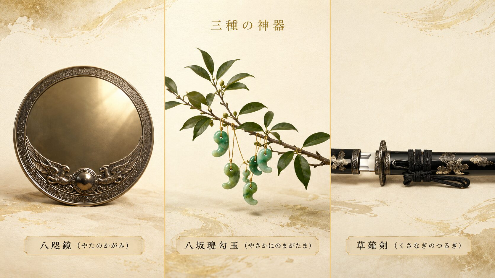 三種の神器（八咫鏡・八坂瓊勾玉・草薙剣）を3パネルで対比視覚化した painterly 図解。各パネル下部に日本語ラベル付き