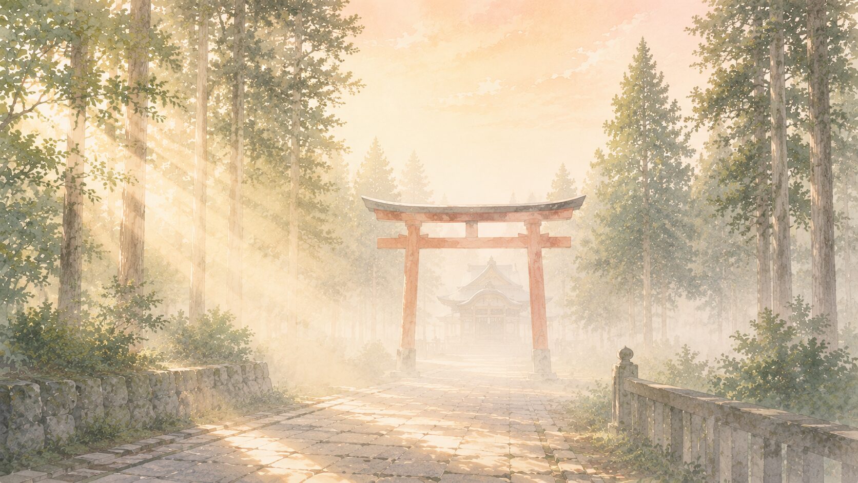 朝靄の中の鳥居と参道に朝日が差し込む早朝の神社風景。早朝参拝の象徴と、開門時刻と授与開始時刻の時間差を示唆する静謐な画像