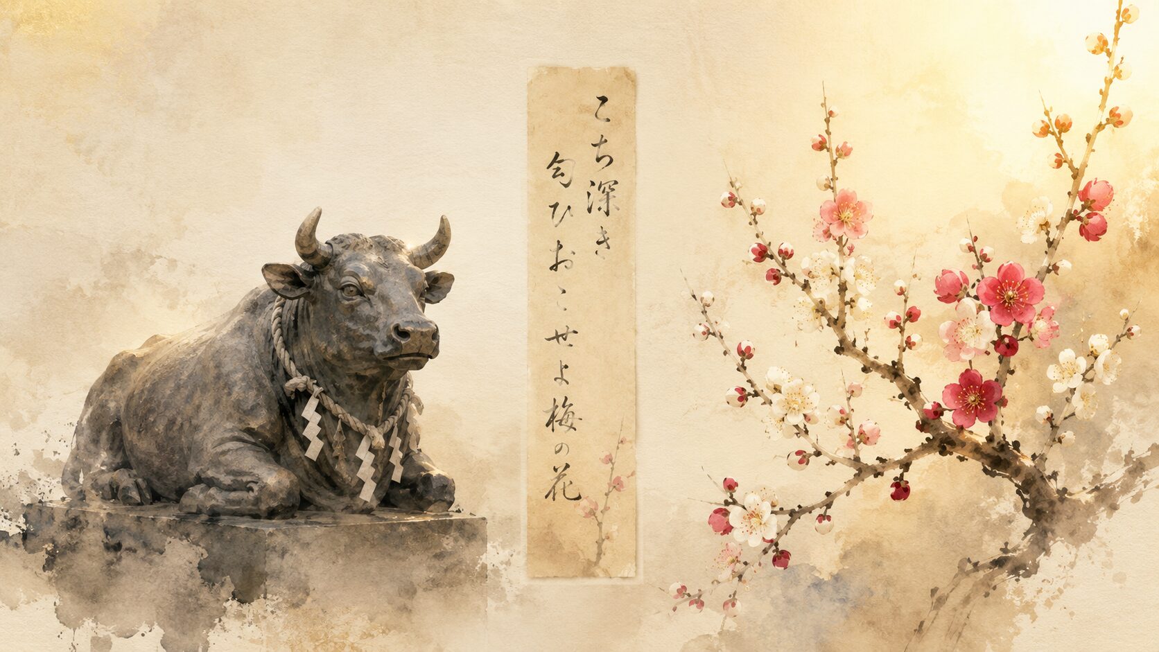 ivory washi 背景に painterly な御神牛の像（左）、紅梅と白梅の枝（右）、間に和歌が薄く書かれた painterly な短冊が配された構図、天神信仰の二大シンボルである牛と梅を象徴