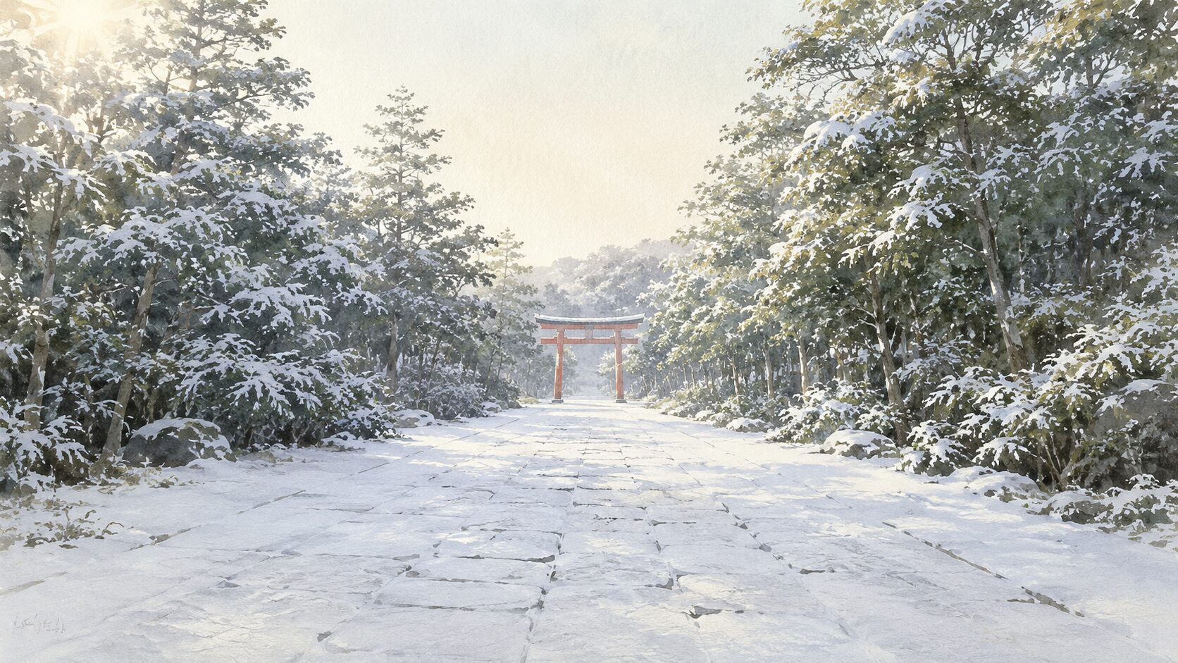 ivory washi 背景に painterly な神社境内の遠景。雪をかぶった鎮守の森、雪に覆われた石畳参道、奥に朱色鳥居遠景、朝の淡い光。冬の神社の雪景色と新年を迎える節目を象徴