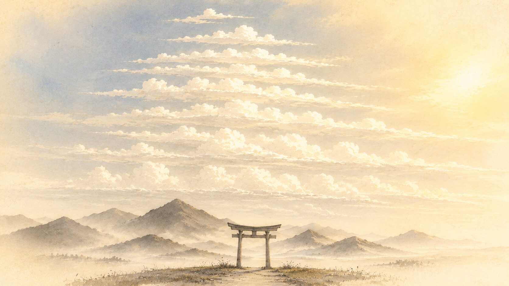 ivory washi 背景に painterly な朝の出雲の空、白い雲が八重に静かに立ち上り、奥に山並み、手前に painterly な鳥居のシルエット、「八雲立つ」の歌と須賀の宮を象徴