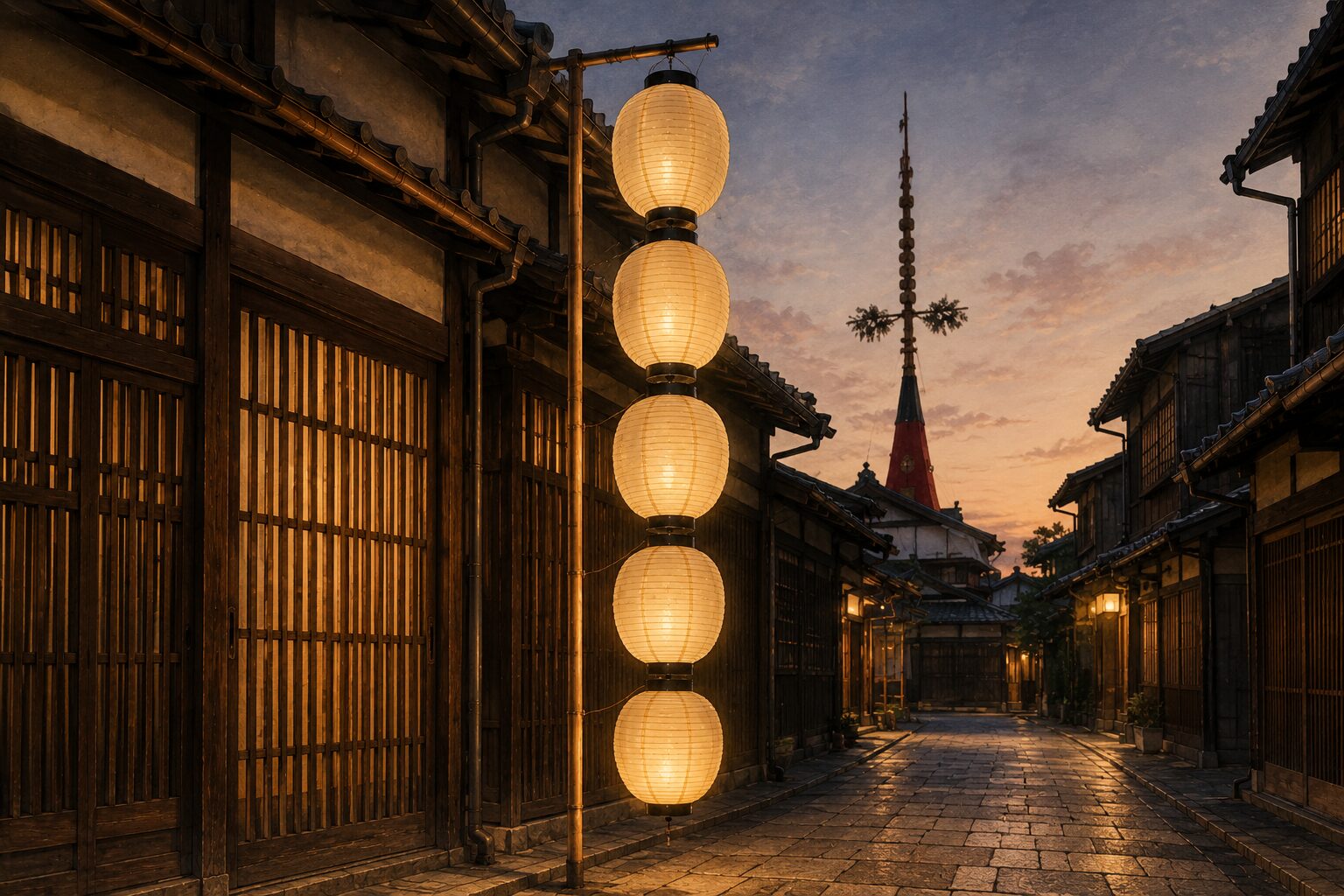 ivory washi 背景に painterly な京都の宵山の夜景、画面中央に駒形提灯が縦に 4-5 個連なって金色に灯る、左右に京町家の格子戸の連なりが見える、奥に山鉾の真木が空に伸びるシルエット、夕暮れの空に淡い藍色と金色、画面下に石畳の通り。宵山の華やぐ夜の雰囲気を象徴