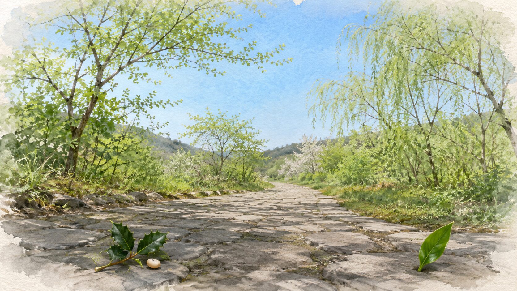 painterly な雑節を象徴する季節の風景。画面下半分に石畳の小道、両脇に若々しい春の青葉並木、画面奥には穏やかな初夏の青空。手前左に節分の柊一枝、手前右に八十八夜を象徴する茶葉一枚が控えめに配される。人物は描かない、季節の節目の落ち着きを伝える情景