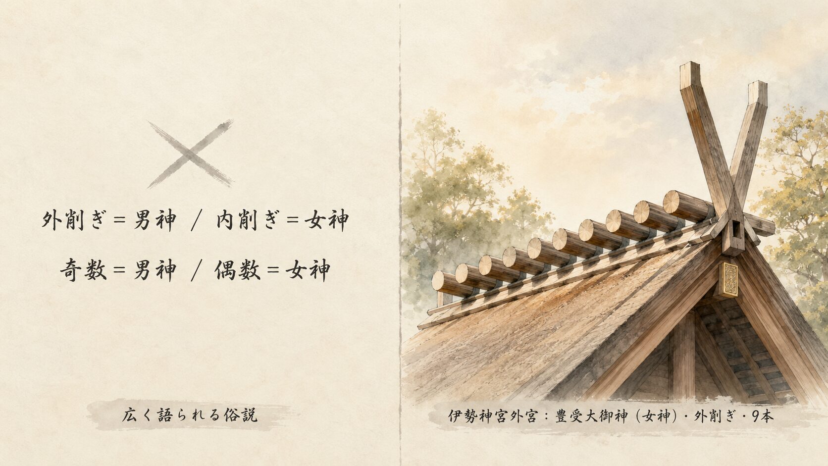 ivory washi 背景に painterly な俗説(左・×印で控えめに否定)と反例の伊勢神宮外宮(右・千木外削ぎ・鰹木9本)の対比、男神女神俗説の単純な判定では説明できないことを象徴