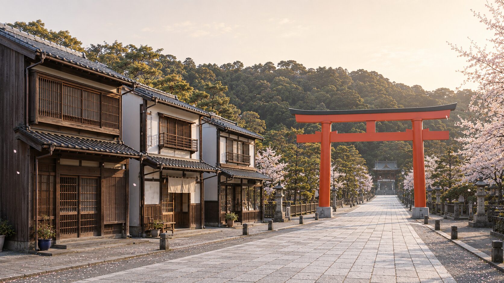鎌倉の街並みと若宮大路の painterly 構図。中央に三の鳥居、手前に石畳の参道、左に小町通り風の町家シルエット、奥に鎌倉の杜と山並みを配し、参拝アクセスの雰囲気を表現