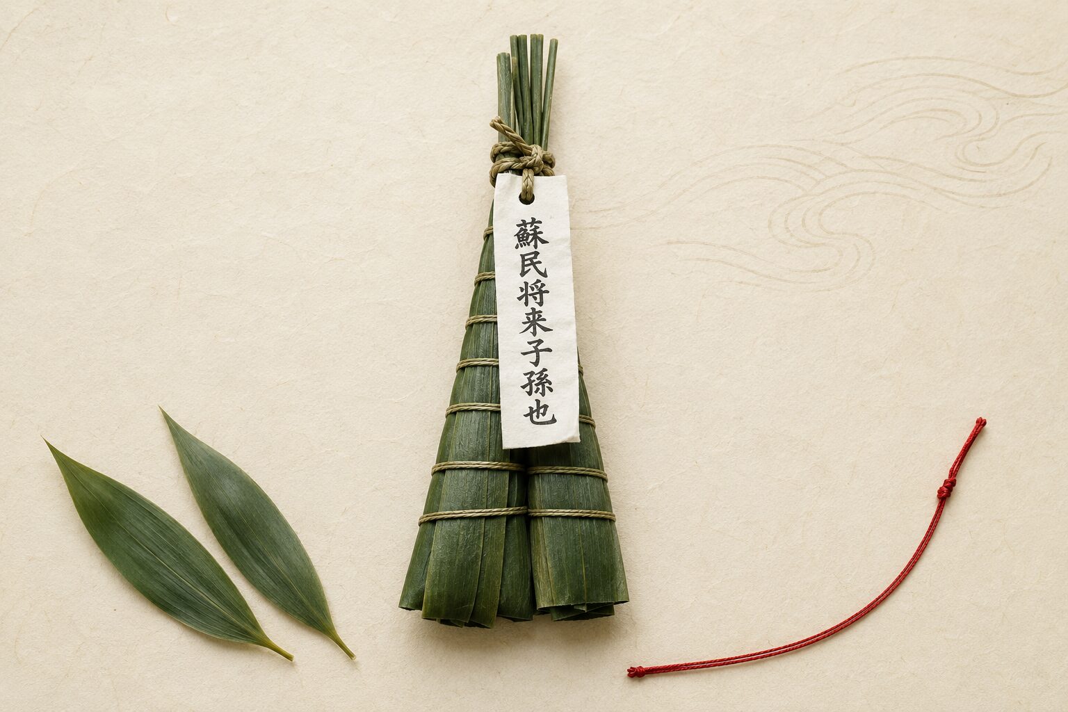 ivory washi 背景に painterly な祇園祭の粽 1 束が画面中央に俯瞰で配置されている、笹の葉を細い縄で束ねた粽の形が描かれ、粽の上部に小さな白い護符 1 枚が添えられていて「蘇民将来子孫也」がうっすら見える、粽の手前左に小さな笹の葉 2 枚、右に細い赤紐 1 本。祇園祭の粽の象徴的な静物